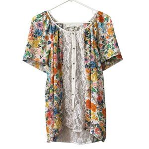 Black Rainn Round Neck Lace Buttons‎ Size Large Cottagecore Lightweight Colorful